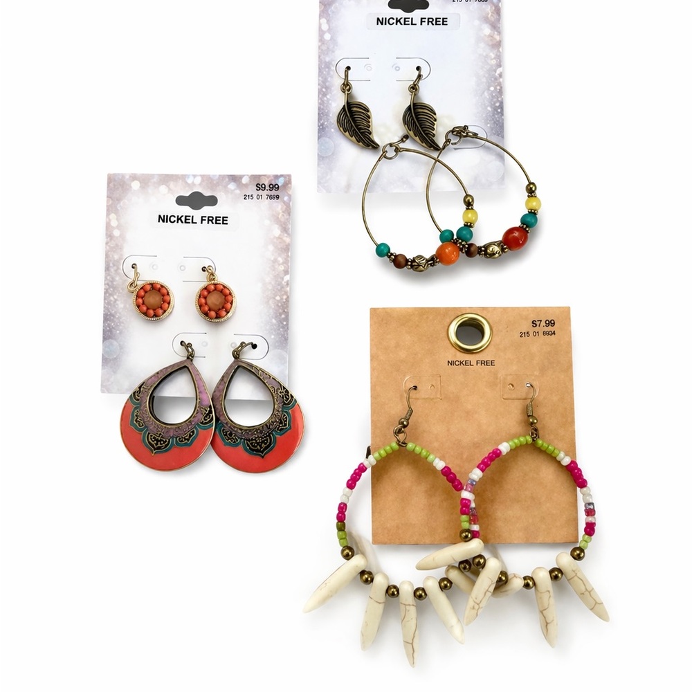 Mixed Color Women’s Beaded Hoop Earrings Set - Nickel Free